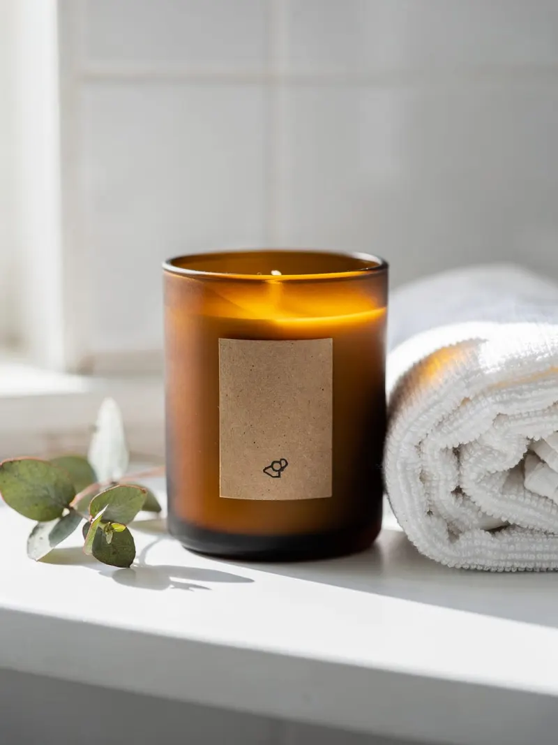 Example image: a candle on a bathroom shelf