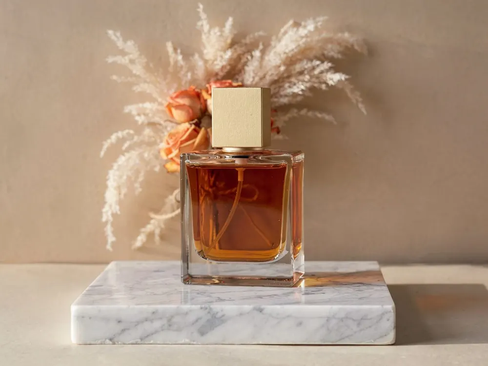 Example result: a perfume bottle on marble with dried flowers