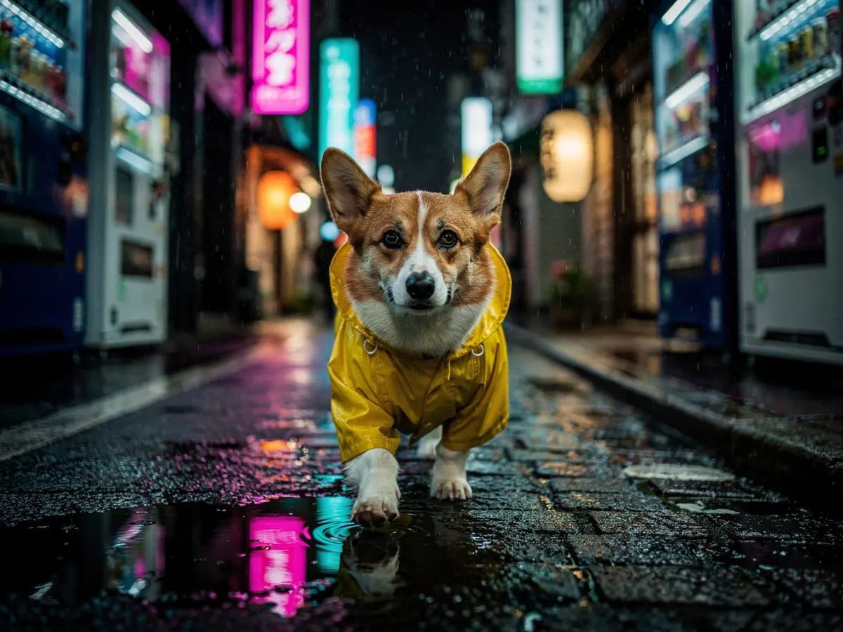 Example image: a corgi in a yellow raincoat on a rainy Tokyo street at night