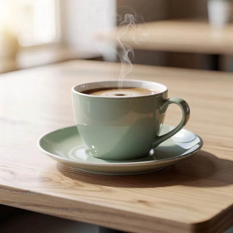 Example edit: the same cup in sage green, steam and saucer unchanged