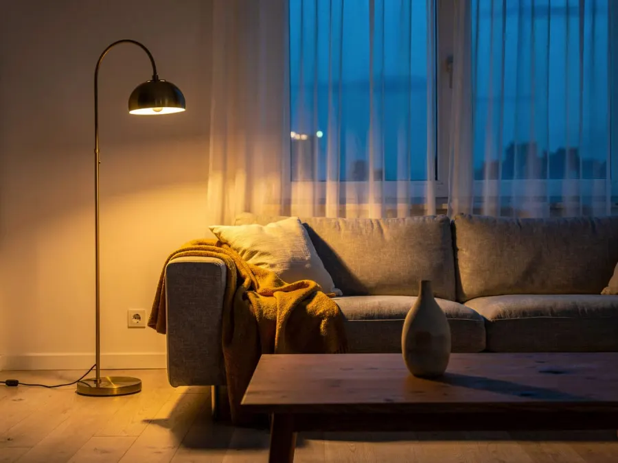 Example edit: the same living room in the evening with the floor lamp on